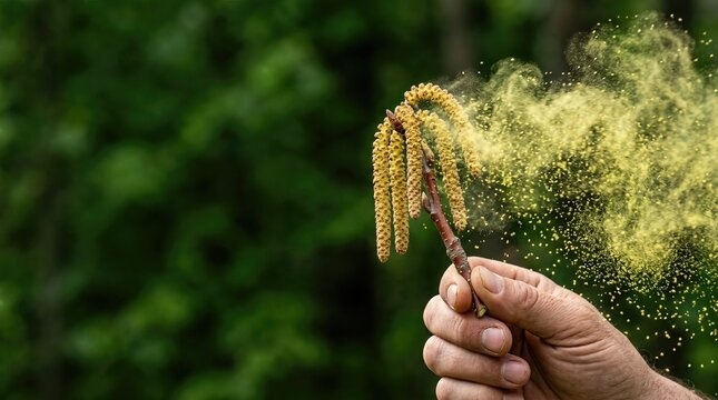 Hand of man holding birch catkins releasing yellow pollen. Allergy season and biological concept of plant pollination. Seasonal hay fever and nature reproduction in garden environment.