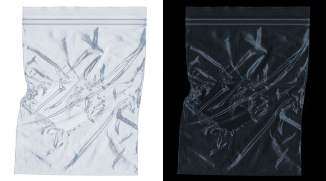 Transparent plastic zipper bag mockup, wrinkled polyethylene pouch texture, clear zip lock baggie on white and black background