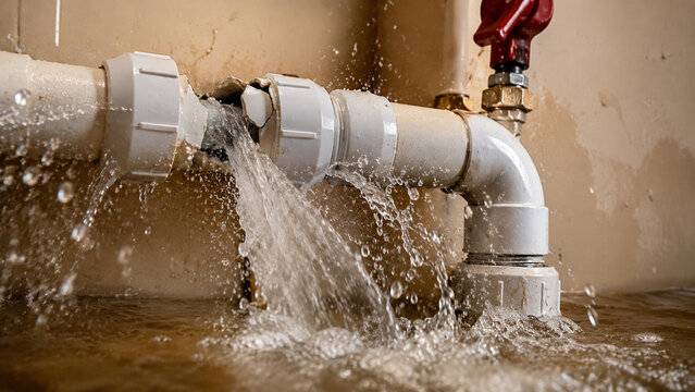 Burst water pipe leaking inside home causing severe plumbing damage and emergency indoor flood
