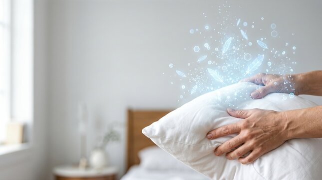 Woman holding pillow with glowing feather and dust allergen visualization. Concept of house dust mite and respiratory allergy trigger. Health problem and bedroom hygiene awareness.