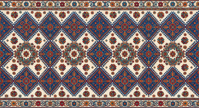 Classic traditional blue diamond seamless textile pattern inspired by woven ethnic craftsmanship creating a decorative wallpaper design