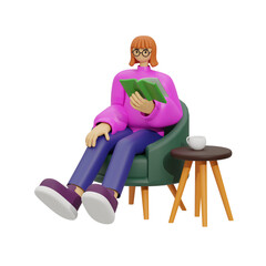 3D character reading a book in an armchair with a side table and coffee cup