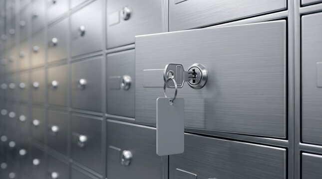 Stainless steel bank safe deposit boxes in a vault with one open locker and a key with a blank tag for secure storage and financial asset protection concept.
