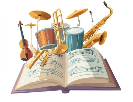 Open music book overflowing with instruments