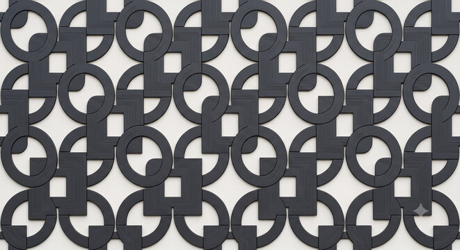 Modern dark gray geometric seamless pattern with interlocking circular blocks creating a contemporary wallpaper and textile background