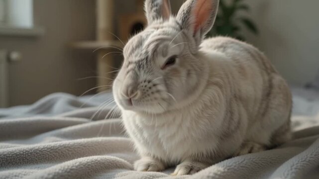 Close up portrait of a fluffy white domestic rabbit sitting comfortably indoors looking curiously towards the camera lens