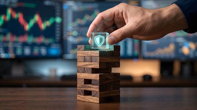 Hand places glowing shield block on unstable Jenga tower with stock charts background