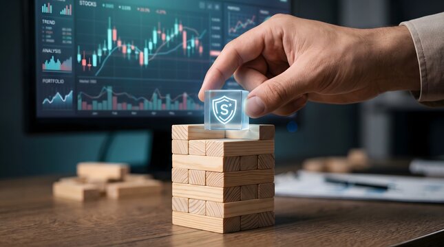 Hand placing shield icon block on unstable wooden tower with stock chart background