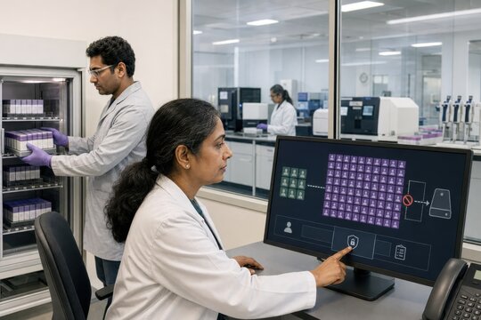 biobank specialists block an unauthorized bulk transfer of genomic research data while securing stored biological samples and restricting access to sensitive profiles