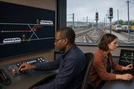 railway traffic controllers respond to a signaling cyberattack by locking track switches and using manual controls to prevent a dangerous train routing conflict
