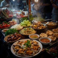 Obraz premium Colorful Asian Street Food Market with Noodles, Dumplings, Grilled Skewers and Fresh Vegetables
