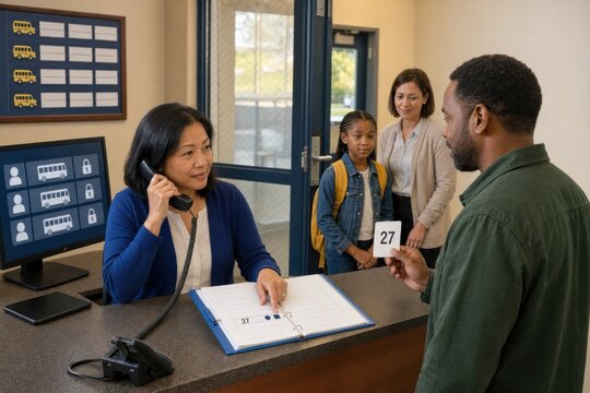 school district staff use paper schedules and telephone updates to assist a parent and student after ransomware locks the digital transportation system and disrupts family communication