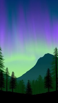 Green and purple aurora bands over pine forest and mountain ridge, astral phenomenon concept.
