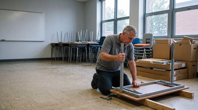 Janitor assembling school desk in empty classroom wide shot