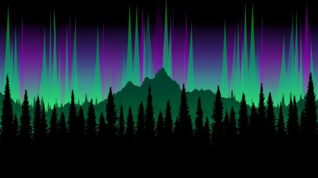 Green and purple aurora bands over pine forest and mountain ridge, astral phenomenon concept.
