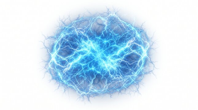 Electric blue lightning ball on white background, glowing plasma energy sphere, abstract power discharge and static electricity