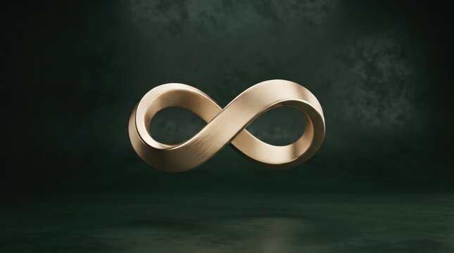 A golden infinity symbol floating in a dark moody atmosphere representing the concept of eternity and endless possibilities in a minimalist and elegant style