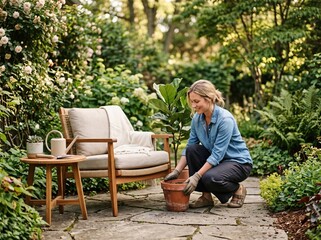 Fototapeta premium Woman Planting In A Lush Green Garden