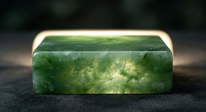 Macro photograph of a glowing translucent jade stone podium for luxury product display