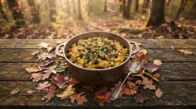 Cornbread stuffing on picnic table isolated clean surface for modern commercial business asset