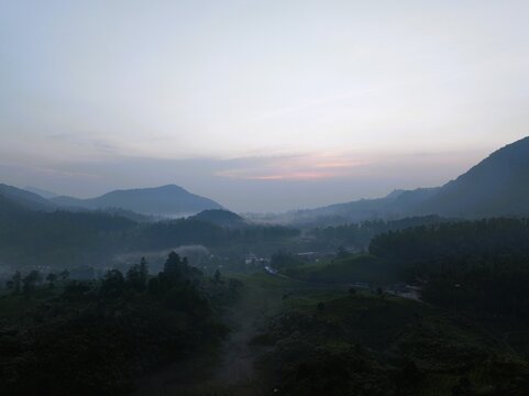 Aerial view of misty tea plantations and rolling hills at sunrise in the highlands of Rancabali, West Java, Indonesia.