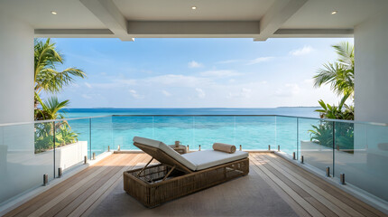 Fototapeta premium Empty balcony ocean view isolated on clean surface for modern commercial business technology