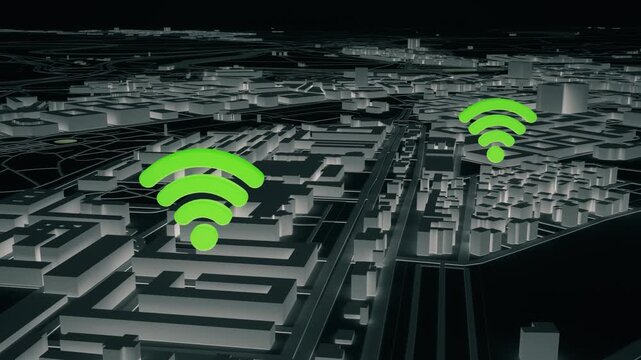 Flying Through Abstract Smart City With Emerging Wireless Signal Icons.