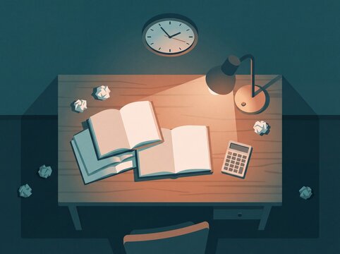 Hefte t&uuml;rmen sich auf dem Schreibtisch bei Nacht von oben