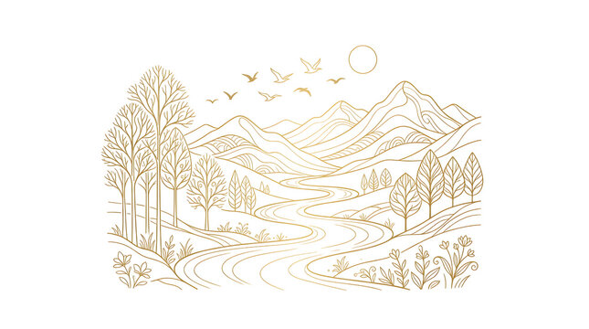 A serene landscape illustration with rolling hills, a winding river, and majestic mountains in the background, symbolizing nature's tranquility.