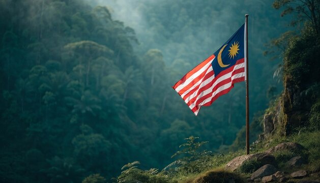 Malaysia national flag waving on flagpole with misty green forest background