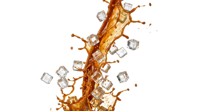 A splash of cola with ice cubes for the concept of refreshment and thirst.