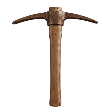 A rusty pickaxe with a wooden handle on transparent background