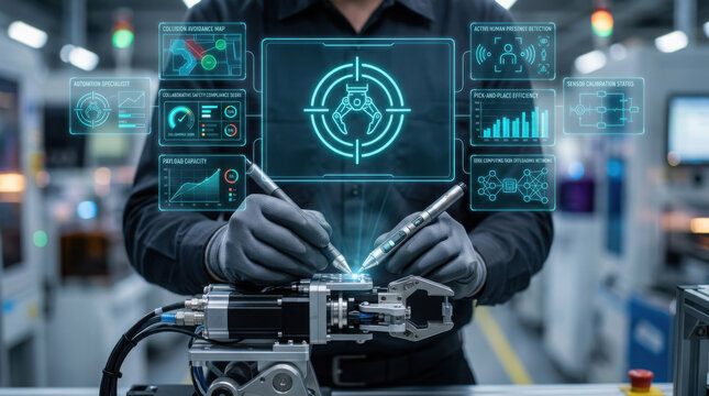 Close-up of an automation specialist using holographic styluses to program a collaborative robot gripper in a futuristic industrial factory setting