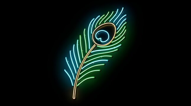 Vibrant neon-lit peacock feather illustration showcasing intricate details and luminous colors against a dark background for
