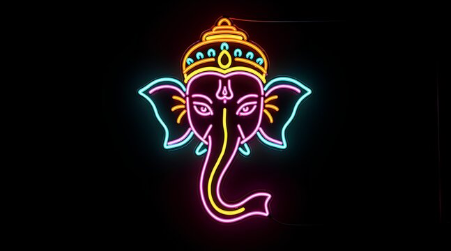Vibrant neon depiction of Lord Ganesha, the Hindu elephant-headed deity, illuminated on a dark background for festive and