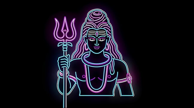 Vibrant neon depiction of a divine figure holding a trident with intricate facial features and flowing hair illuminated in