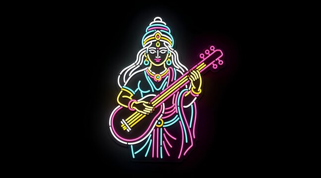 Neon Hindu goddess playing classical sitar with intricate jewelry and traditional attire vibrant glow