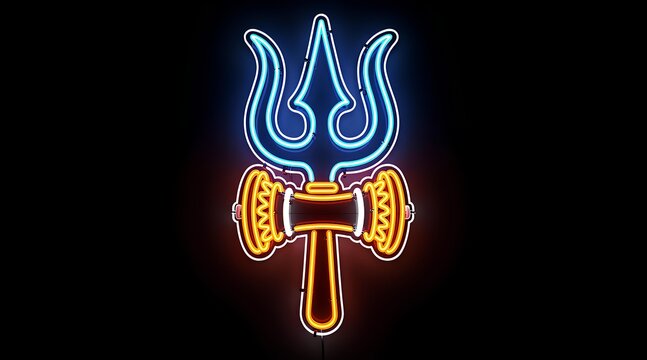 Vibrant neon depiction of a traditional trident symbol illuminated in electric blue and glowing orange hues against a dark