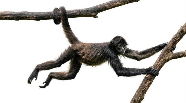 Spider Monkey Hanging from Tree Branch Isolated on White Background