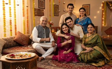 Fototapeta premium A photorealistic 16:9 wide-angle group photograph of a happy Indian family celebrating Raksha Bandhan festival together in a traditionally decorated home. 