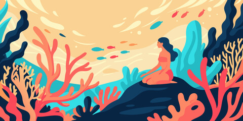 Coral reef scene with a person and fish a modern flat vector illustration © Lolita