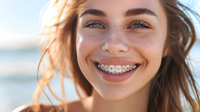 Smiling Woman Showing Dental Braces, Orthodontics and Oral Health Concept