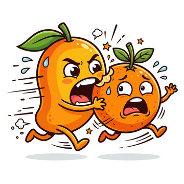 Angry mango chasing a scared orange. Funny cartoon fruit characters running in a panic.