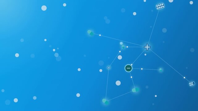 Digital medical network animation showing blue medicine capsules floating in space with abstract scientific motion graphics