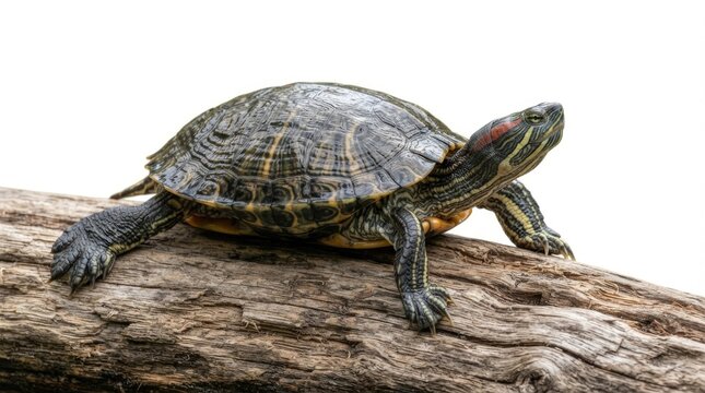 Red-Eared Slider Turtle Swimming Isolated on White Background