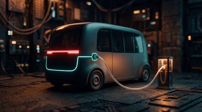 Electric shuttle charging battery at station in low angle view