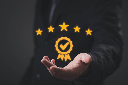 Five-star customer satisfaction and quality assurance concept with premium service, business excellence, trusted certification, client feedback and performance evaluation for brand reputation, loyalty