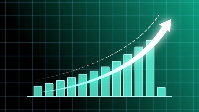 Blue Bar Chart with Rising Arrow and Dotted Upward Trend Line . Representing consistent business growth, revenue increase, financial success, and positive market performance