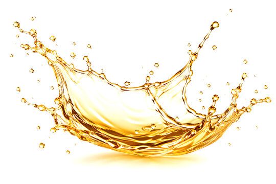 Golden oil splash isolated on white. Dynamic liquid wave of cooking oil or beer.