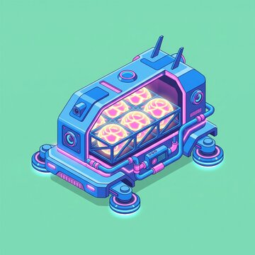 Isometric futuristic laboratory incubator containing bioluminescent organic brains in a cybernetic medical transport vessel